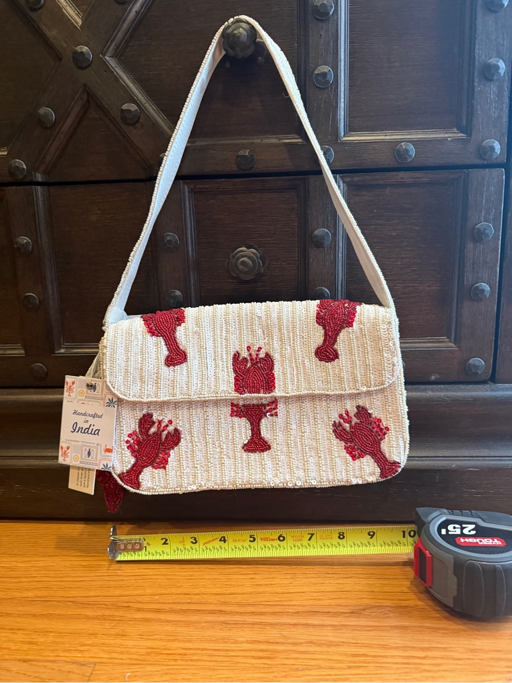 Hand Crafted White Shoulder Bag with Red Embroidered Lobster Motifs